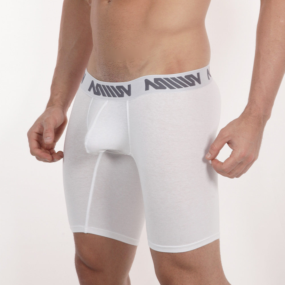 White men’s metro malewear core midcut boxer briefs with gray waistband featuring repeating million logo