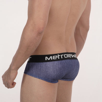 Blue denim textured men’s briefs with a black waistband featuring white metroiewe branding metro malewear mini cheek boxer