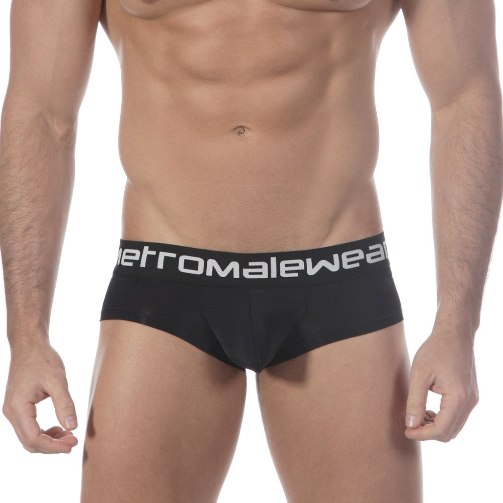 Black mens briefs with a white herromalewear logo band metro male wear mini cheek boxer black 2025-20