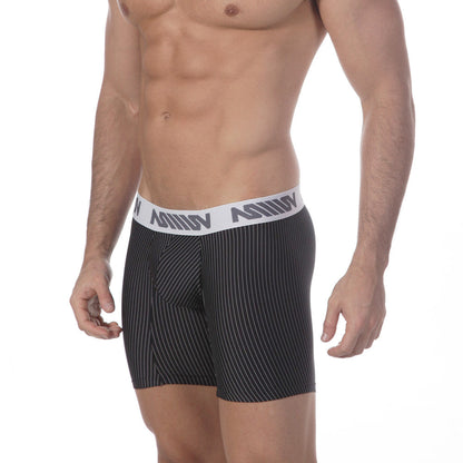 Black pinstripe metro malewear mid boxer supremo 10 inch briefs with white waistband and gray lettering