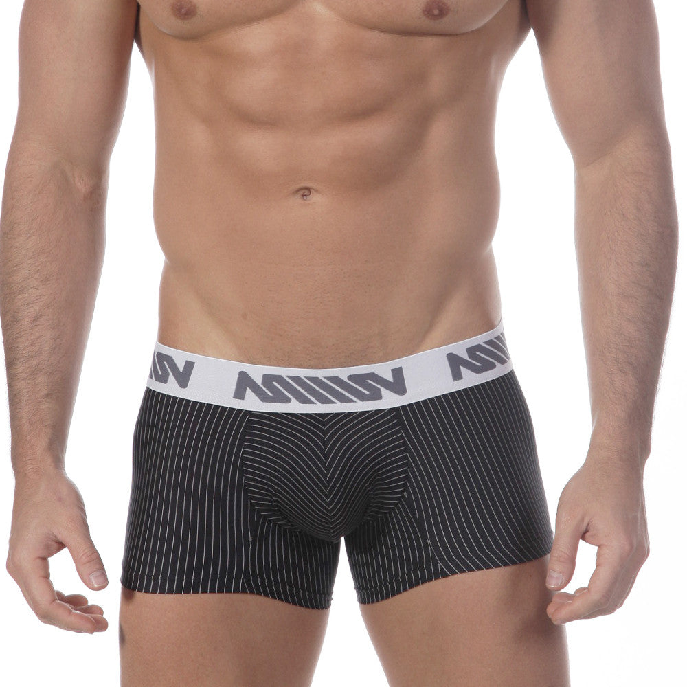 Black and white pinstripe MetroMaleWear Short Boxer Supremo 7 inch boxer briefs with branded elastic waistband