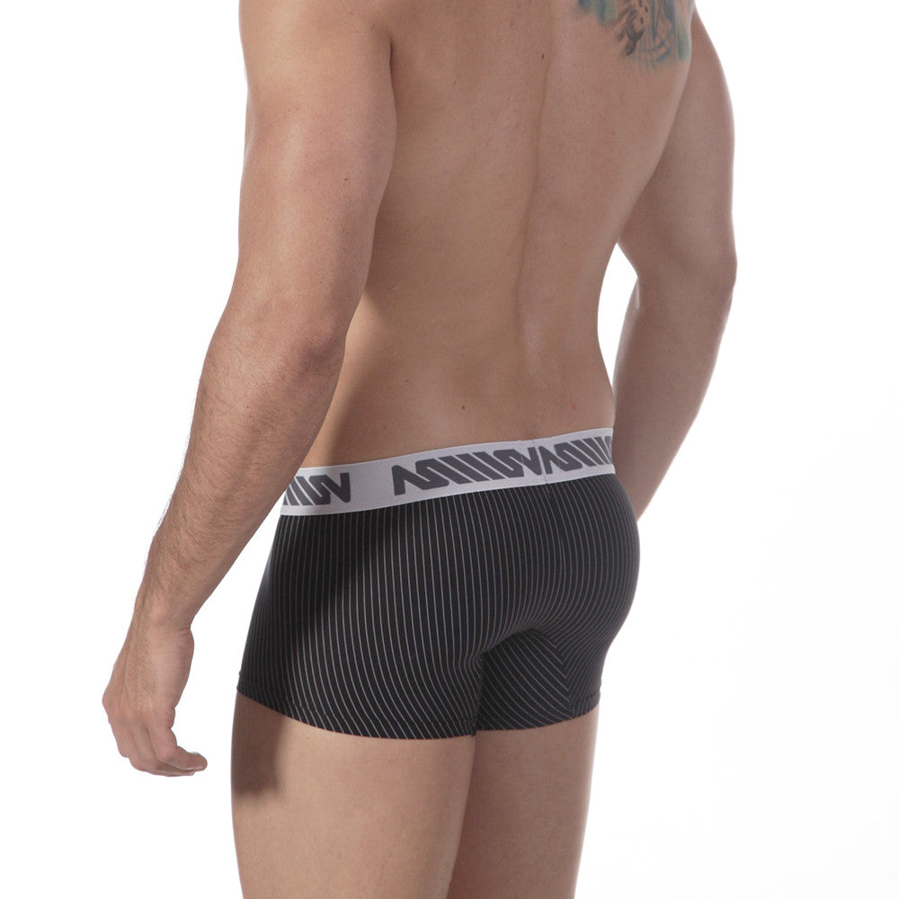 Black pinstripe boxer briefs with a white MetroMaleWear elastic waistband featuring bold black lettering