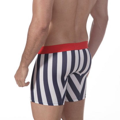 Navy and white striped MetroMaleWear Mid Boxer Tension 10 inch boxer briefs with red waistband for comfort