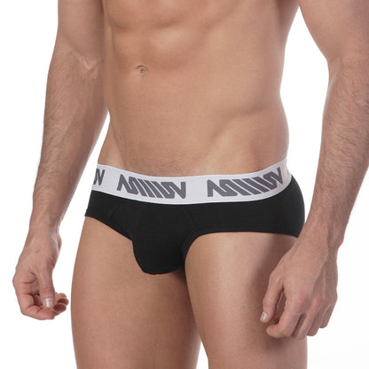 Black mens briefs with white elastic waistband and million logo in gray from Metromalewear core hip brief 8003-20