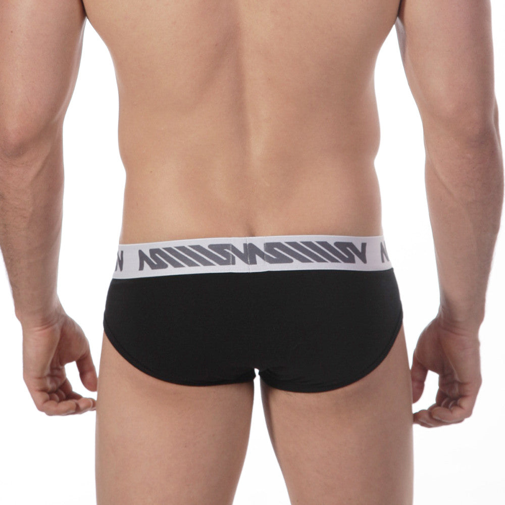 MetroMaleWear core hip brief black with white elastic waistband and gray geometric logo pattern for comfortable wear