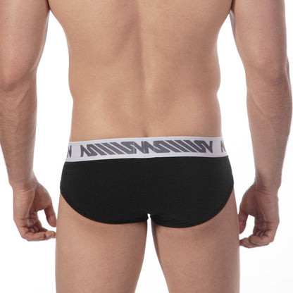 MetroMaleWear core hip brief black with white elastic waistband and gray geometric logo pattern for comfortable wear
