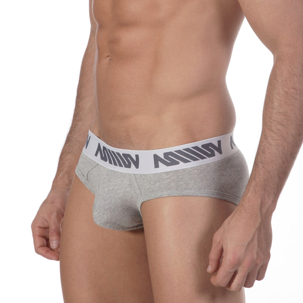 MetroMaleWear core hip brief grey 8003-10 featuring gray heathered fabric and white elastic waistband with black millin branding