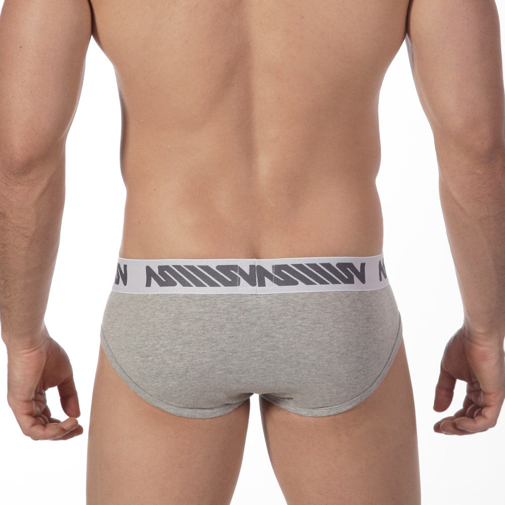 MetroMaleWear Core hip brief grey heathered with white elastic waistband featuring dark gray logo pattern