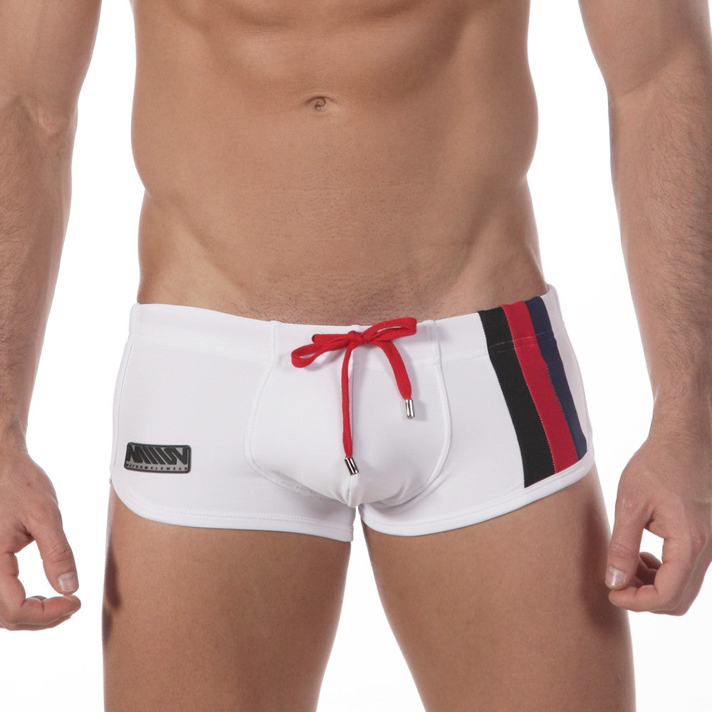 MetroMaleWear Taegeuk swim boxer white trunks with red navy vertical stripes and matching red drawstring tie in front view