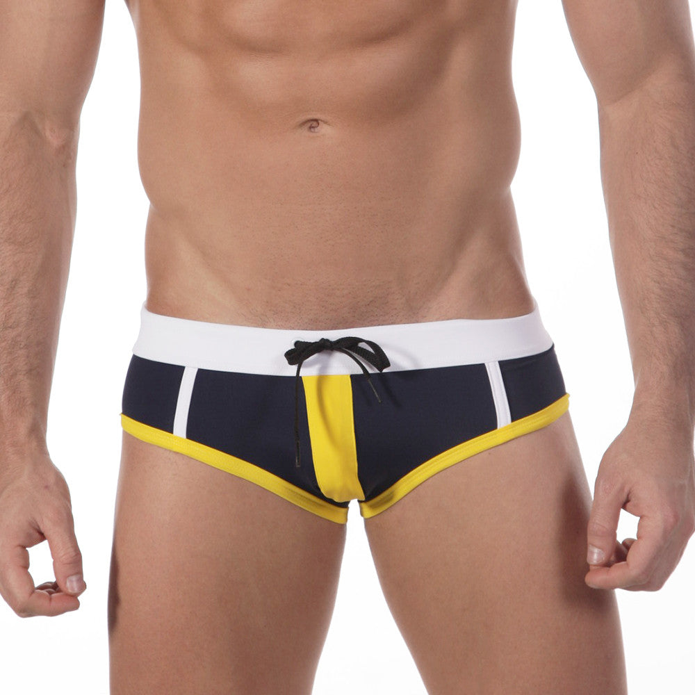 MetroMaleWear Quantum swim brief 4916-82 in navy blue and yellow with white trim and black drawstring waistband