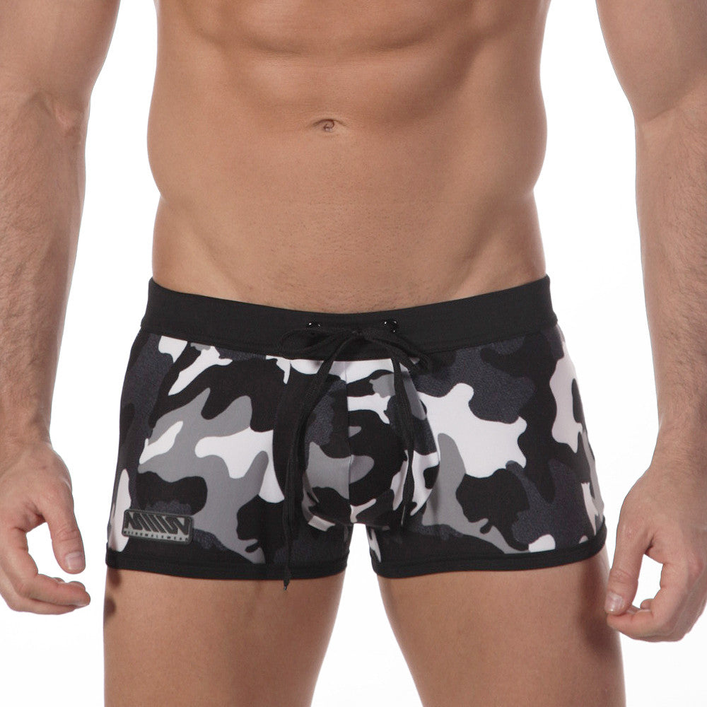 MetroMaleWear camo grey swim boxer 4926-81 in black white and gray camouflage with black elastic waistband and drawstring