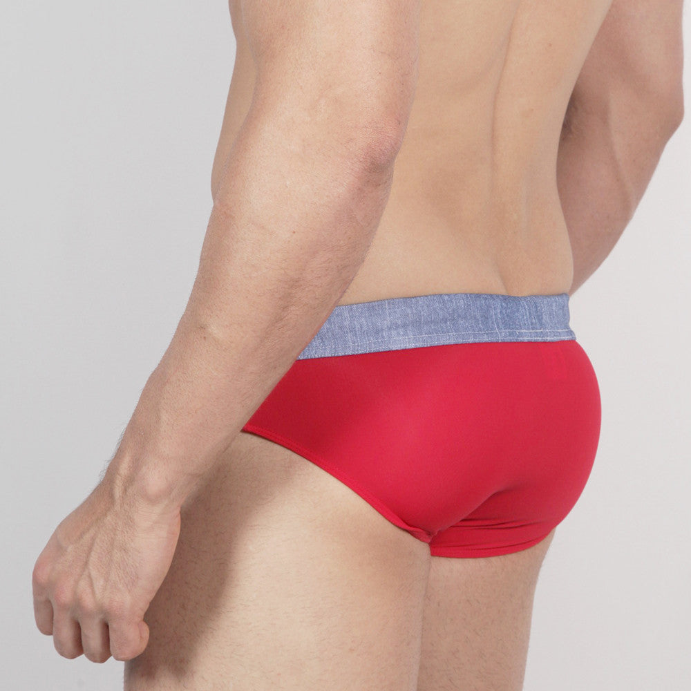 Metro male wear denim swim brief 4916-51 red briefs with textured blue waistband designed for swimming and beachwear