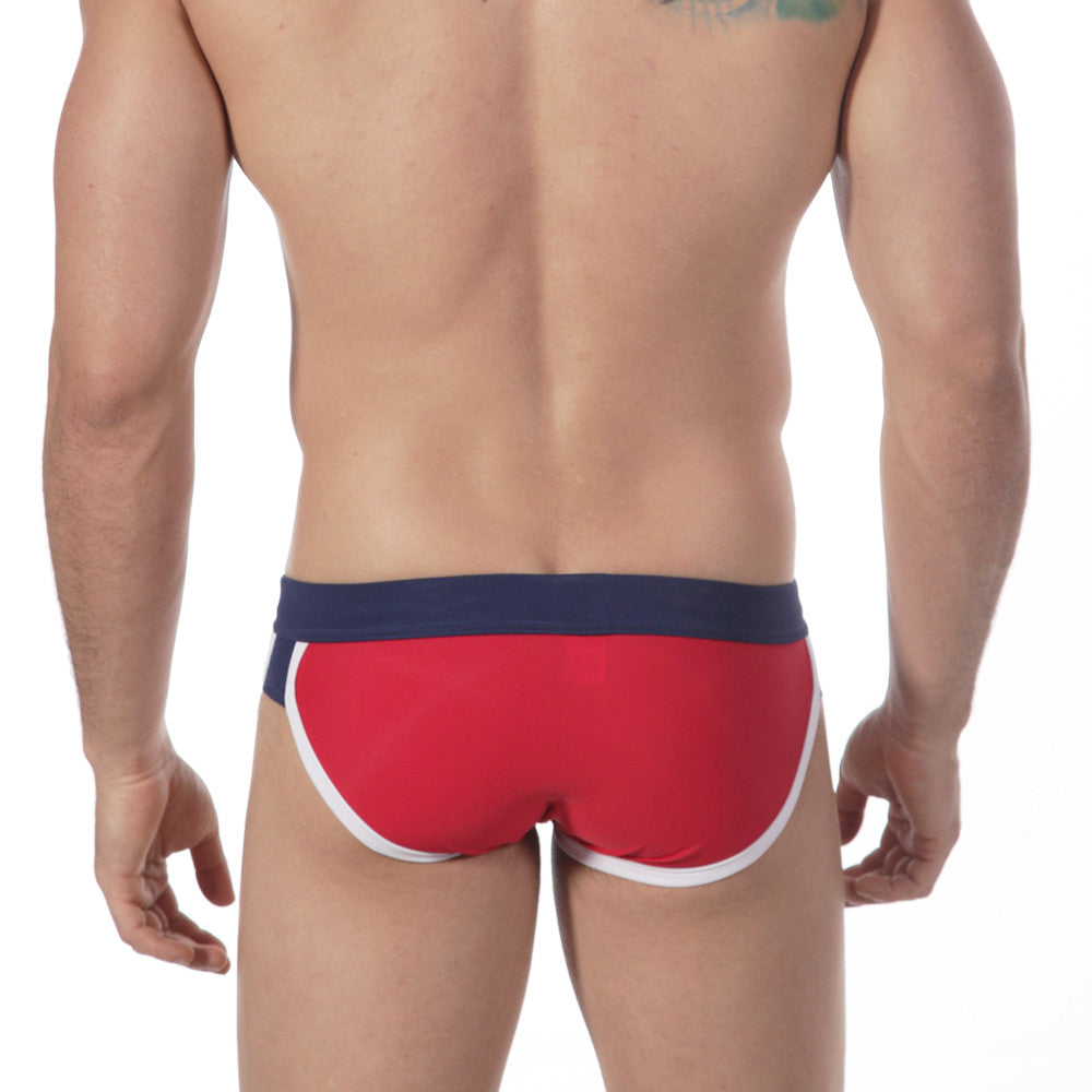 MetroMaleWear split swim brief red 4923-12 in red with navy blue waistband and white trim for swimwear use