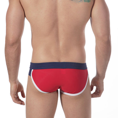 MetroMaleWear split swim brief red 4923-12 in red with navy blue waistband and white trim for swimwear use