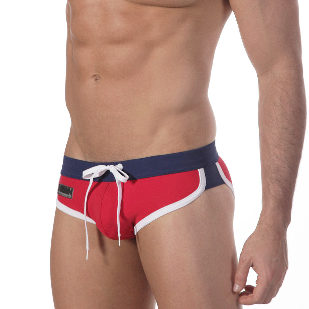 MetroMaleWear split swim brief red 4923-12 red and navy blue with white trim and drawstring waistband