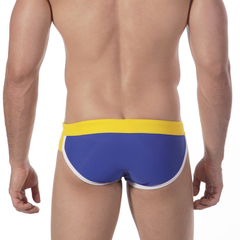 MetroMalewear split swim brief royal 4923-18 blue and yellow trunks with white trim for swimming and beachwear