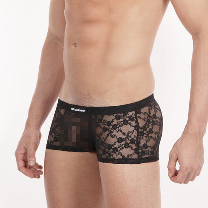 Black lace men’s briefs with solid waistband featuring metroglove brand name from metro male wear enhancement boxer lace black 2043-72