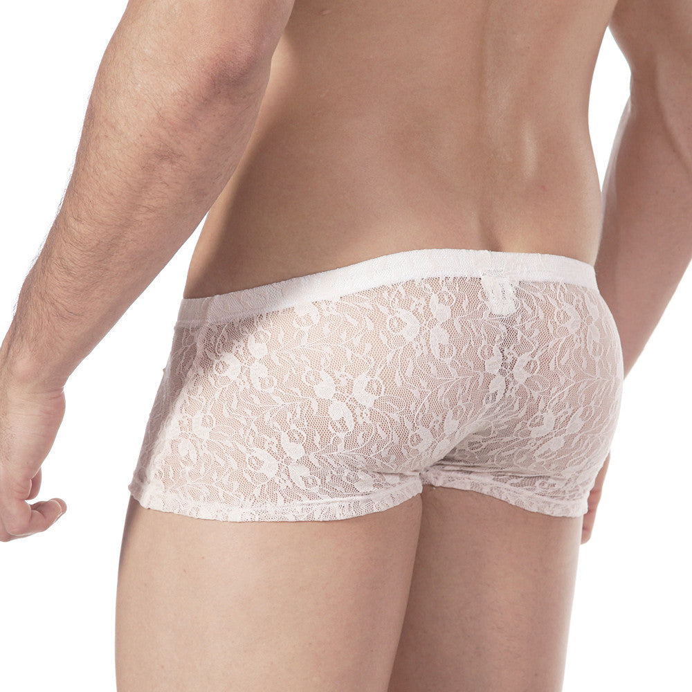 White lace men’s briefs with delicate floral pattern and elastic waistband from MetroMaleWear enhancement boxer lace nude 2043-71