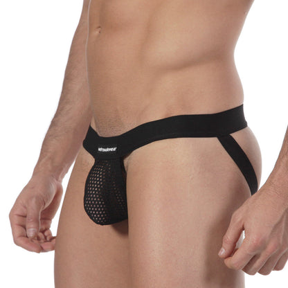 Black mesh fishnet briefs with solid black waistband and side straps featuring metrashift logo metro male wear 3001-66