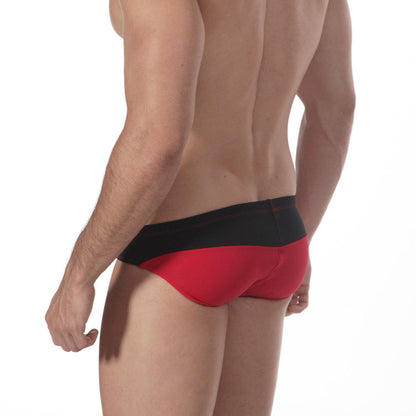 Red and black metro male wear sunrise bikini briefs with a sleek form fitting design in breathable fabric
