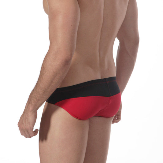 Red and black metro male wear sunrise bikini briefs with a sleek form fitting design in breathable fabric