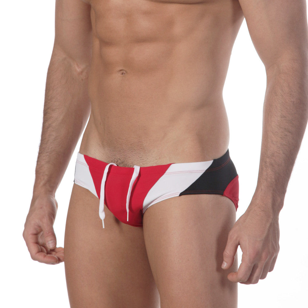 MetroMaleWear sunrise bikini red striped swim trunks with drawstring waistband in red white and black colors