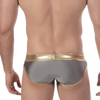 Metro male wear empire swim brief charcoal 4920-11 gray metallic briefs with shiny gold waistband and trim