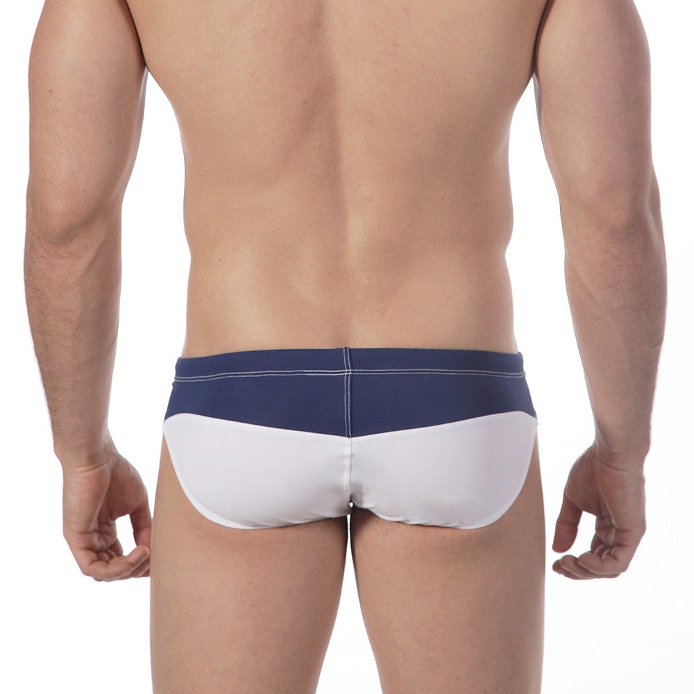 Navy and white two-tone swim trunks with sleek modern design from metromalewear sunrise bikini white 4919-00 collection