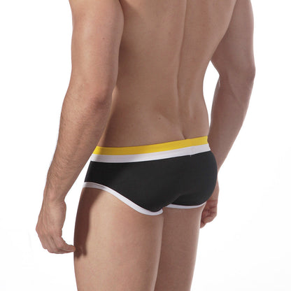 MetroMalewear double band swim brief black with bold yellow and white striped waistband for men