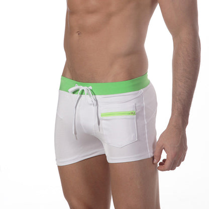 MetroMaleWear zipper swim boxer green 4912-07 white swim trunks with bright green waistband and matching zipper pocket