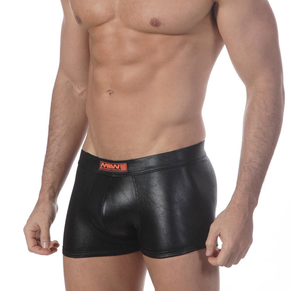 MetroMaleWear black faux leather boxer briefs with shiny finish and red logo on waistband from model 2017-20
