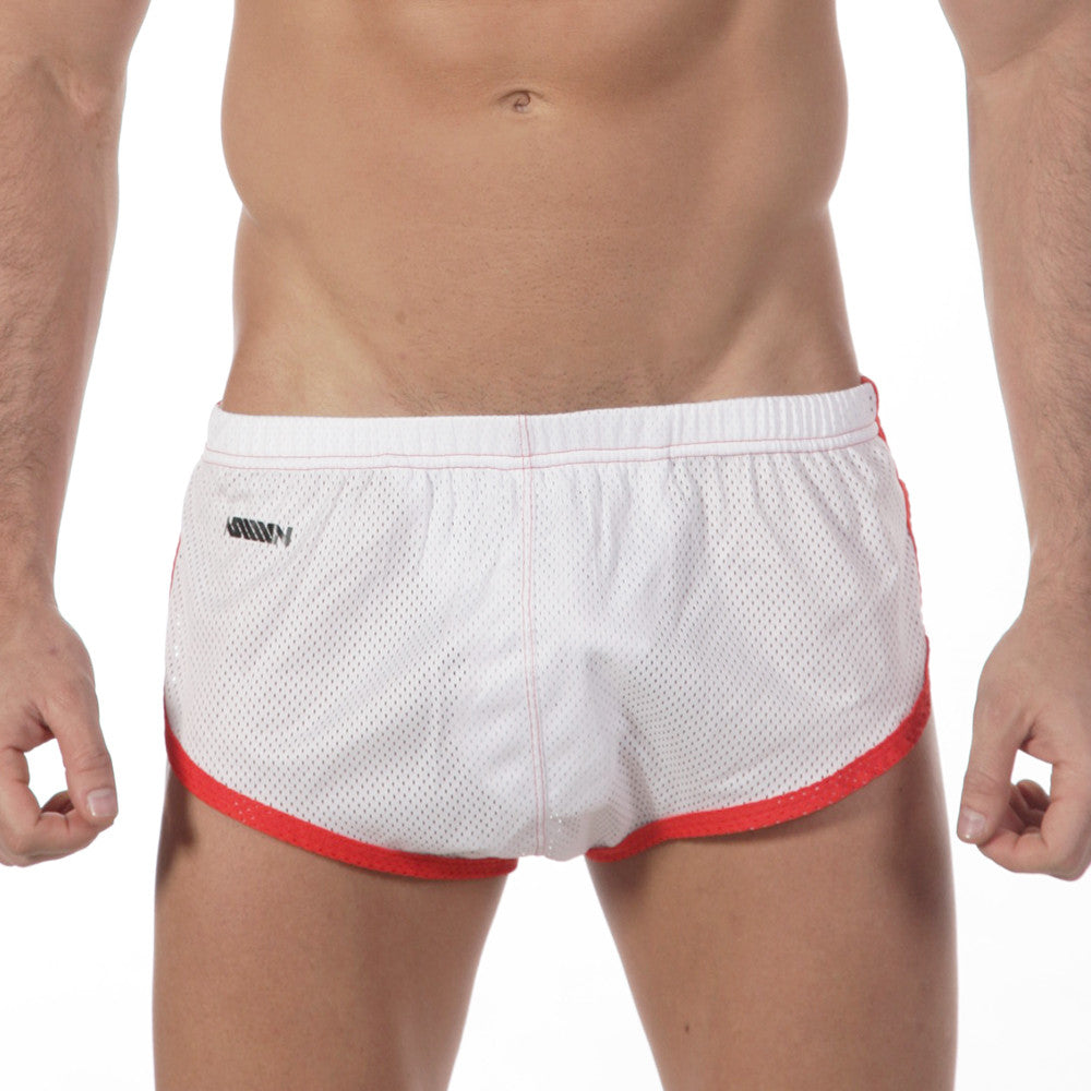 White mesh men’s briefs with red trim and black logo on waistband metro male wear soccer split short white 4705-00