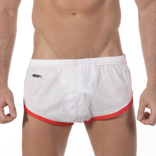 White mesh men’s briefs with red trim and black logo on waistband metro male wear soccer split short white 4705-00