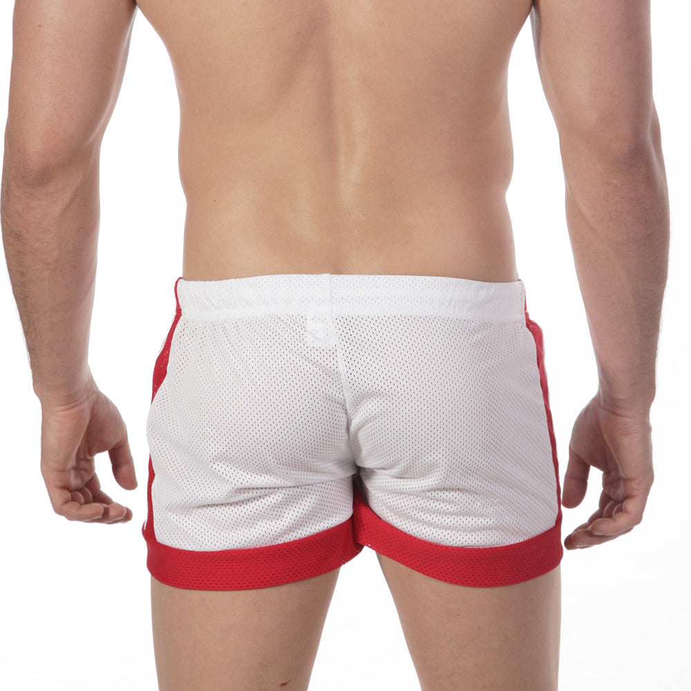 MetroMaleWear soccer swim shorts white with red mesh side stripes and matching red waistband 4704-00