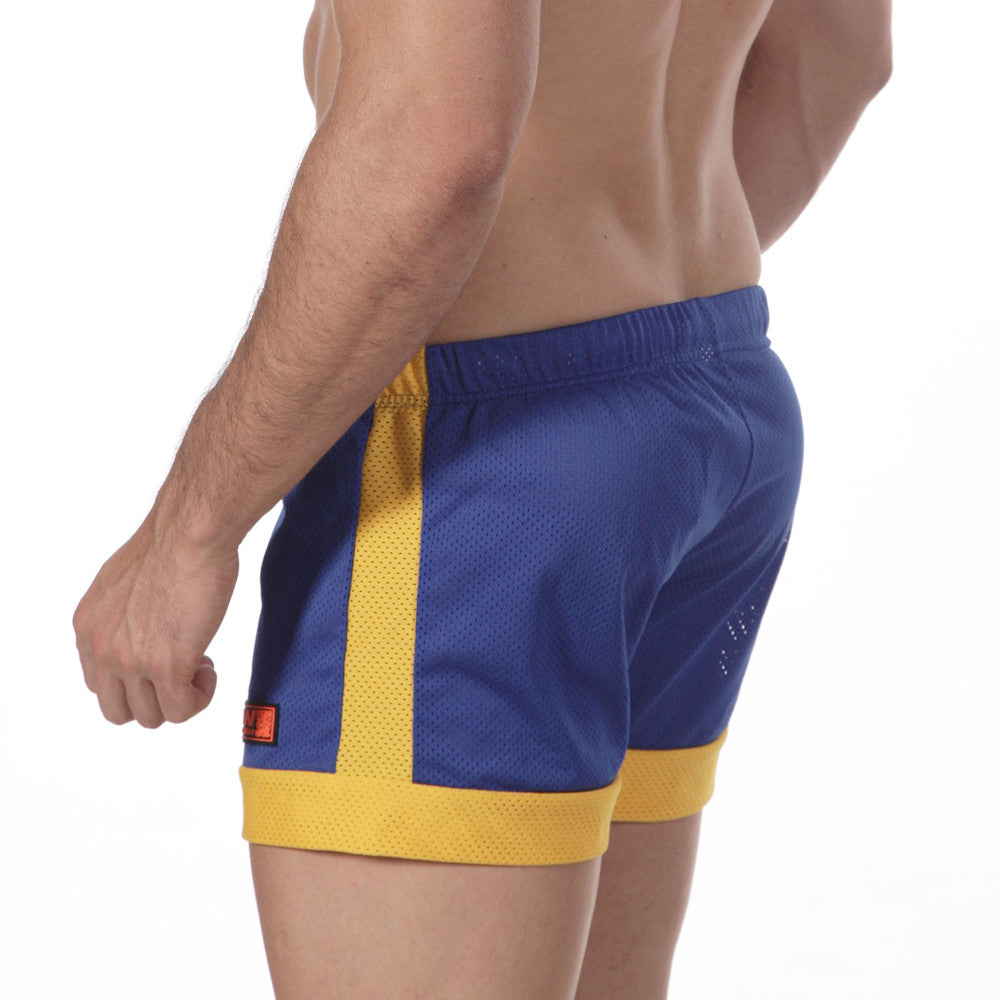 MetroMaleWear soccer swim short royal 4704-18 in blue and yellow mesh with bold vertical side stripe
