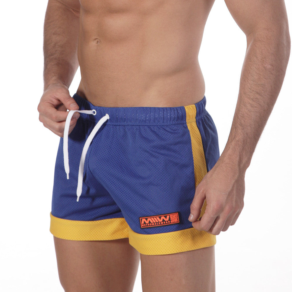 MetroMaleWear royal blue and yellow mesh athletic soccer swim shorts with white drawstrings for men