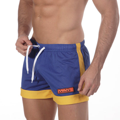 MetroMaleWear royal blue and yellow mesh athletic soccer swim shorts with white drawstrings for men