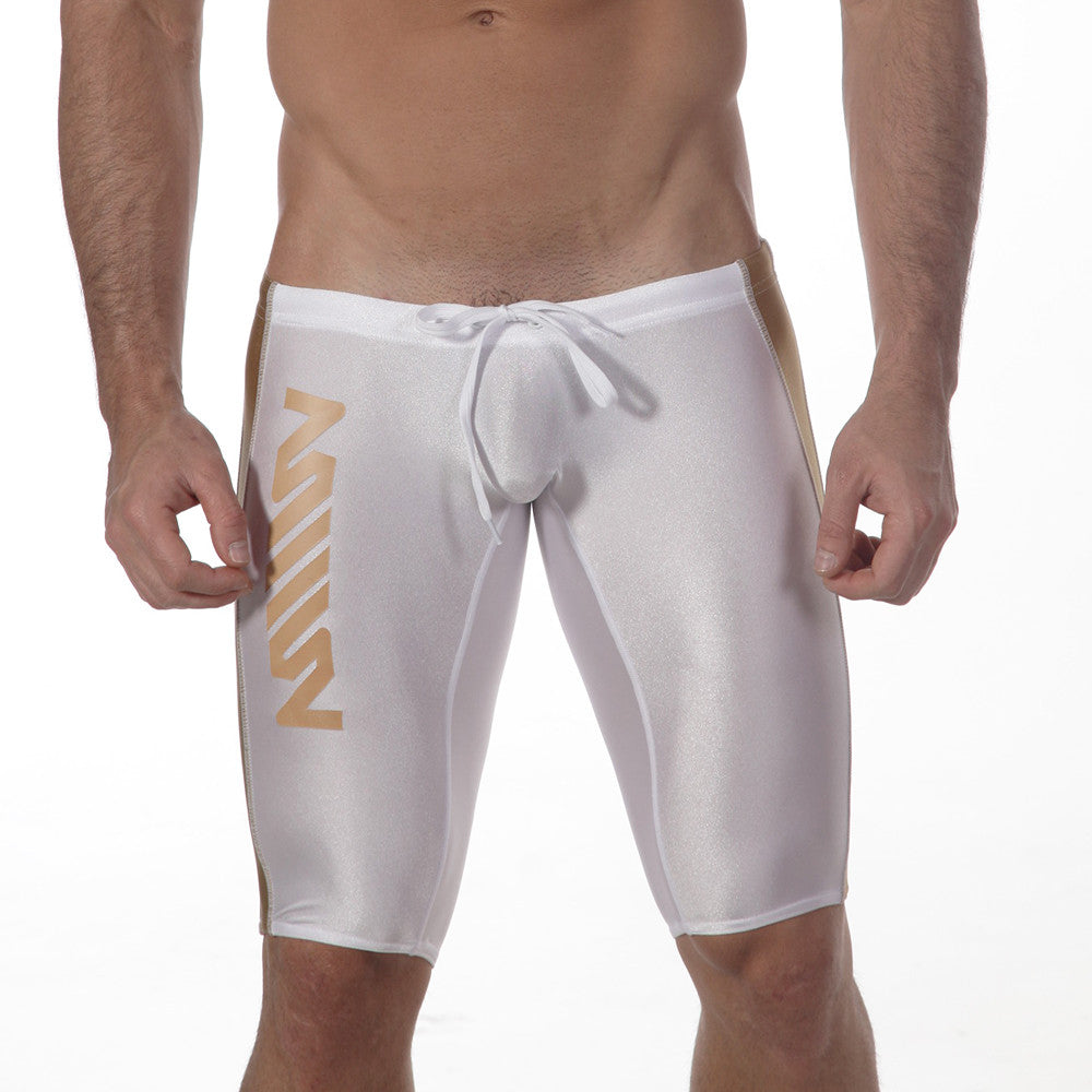 White athletic swim trunks metroMalewear jammer swim boxer with gold vertical lettering and side stripes