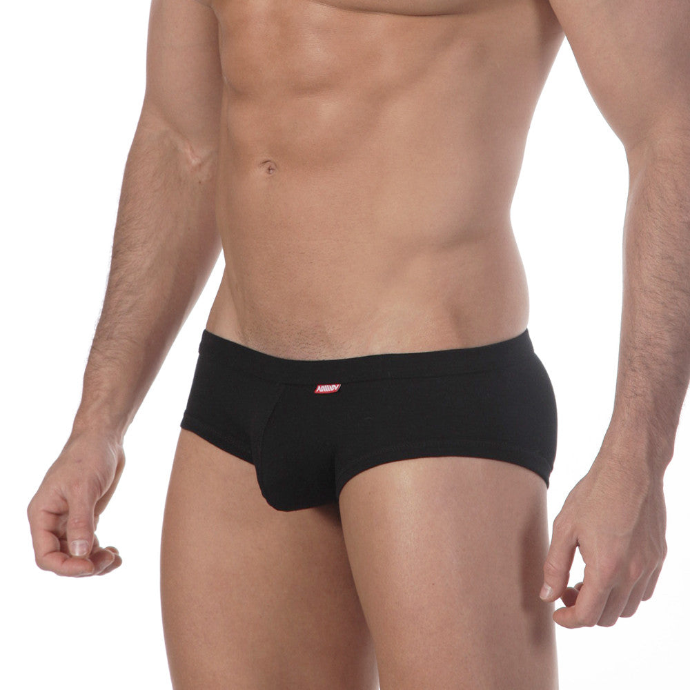 Metro malewear modern trunk black 4013-20 black men’s briefs with red and white logo on waistband front view