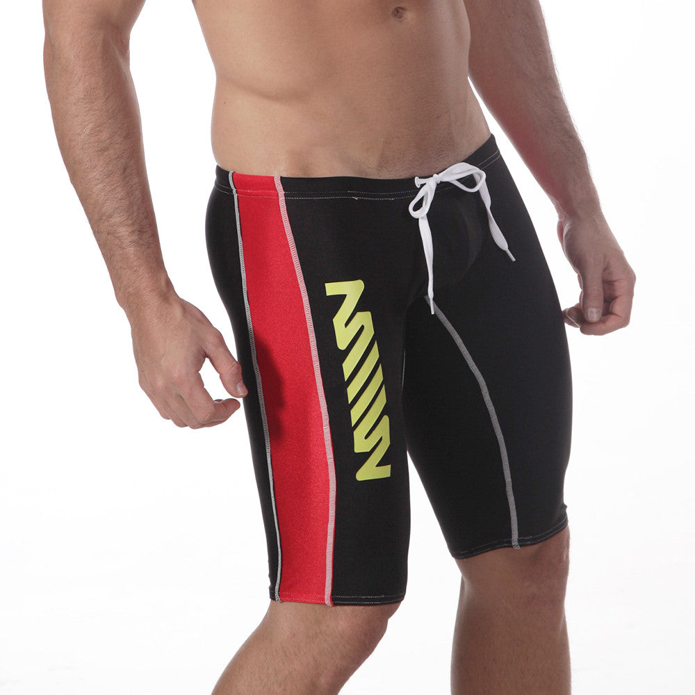 MetroMaleWear Jammer swim boxer black with bold red side stripe neon yellow z logo and white drawstring waistband