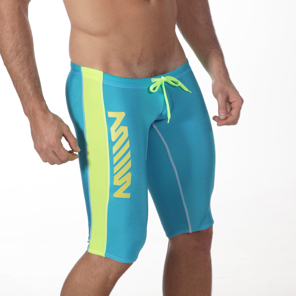 Bright blue metro male wear jammer swim boxer with bold neon yellow vertical stripe and matching drawstring in turquoise