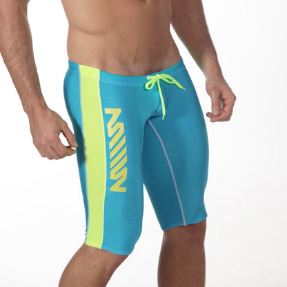 Bright blue metro male wear jammer swim boxer with bold neon yellow vertical stripe and matching drawstring in turquoise