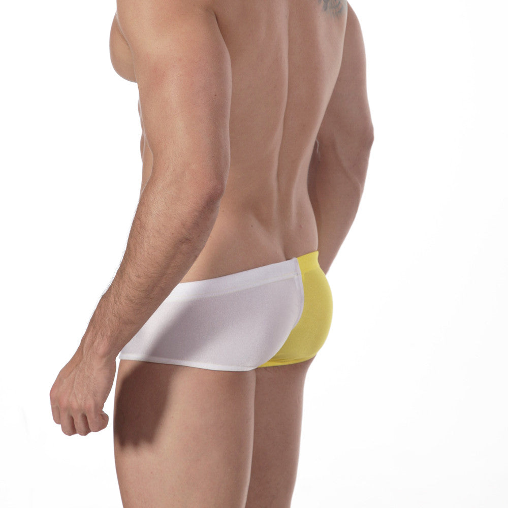 MetroMaleWear surf swim boxer yellow 4908-15 sleek white and yellow two-tone form-fitting swim trunks front side