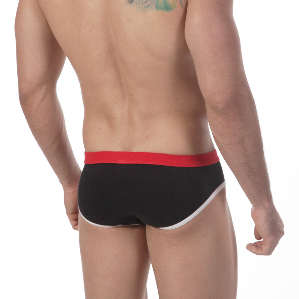 MetroMaleWear Bare lowrise brief black with red waistband and white trim along leg openings for comfortable wear