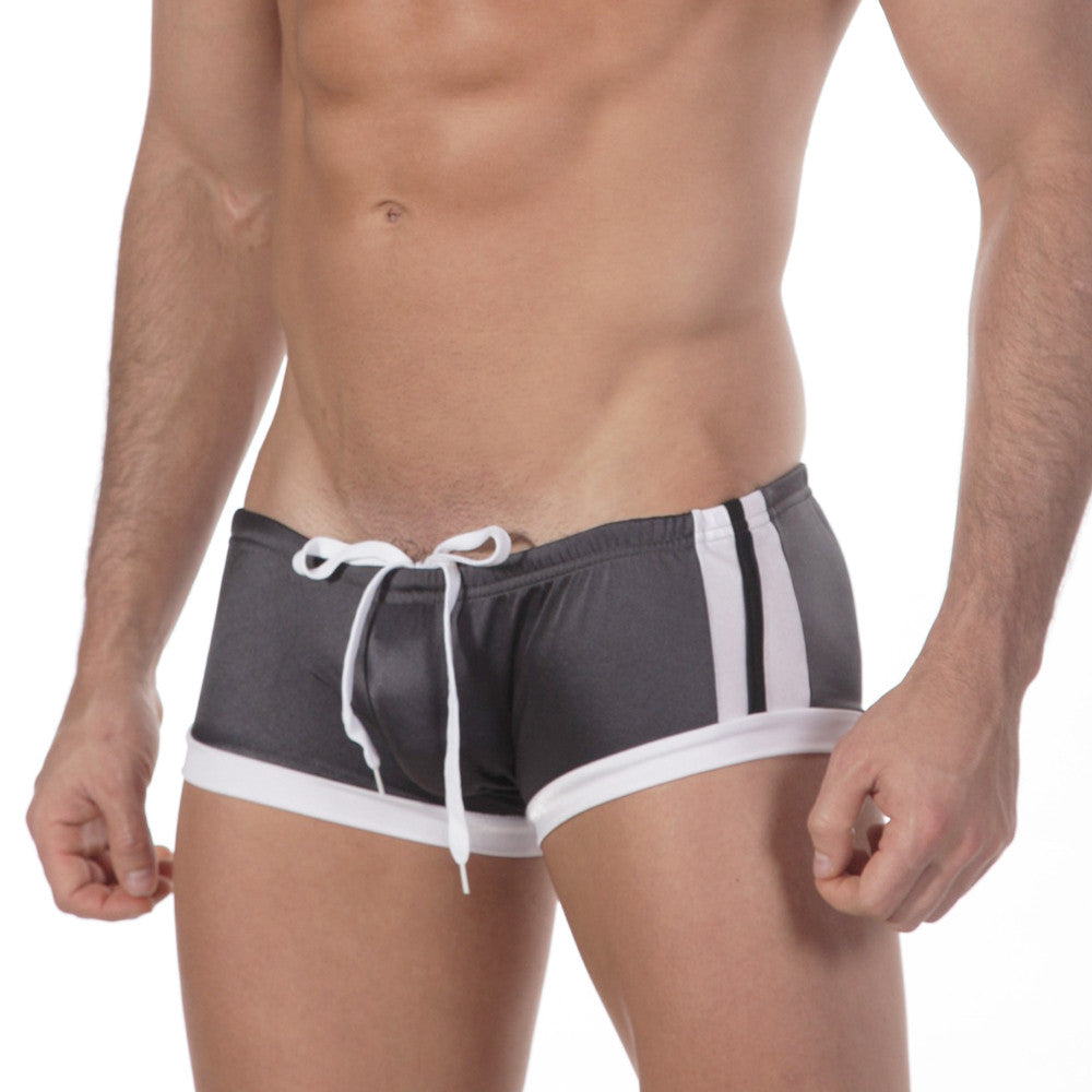 Gray MetroMaleWear silver swim boxer with white side stripes and matching drawstring waistband for swimming use