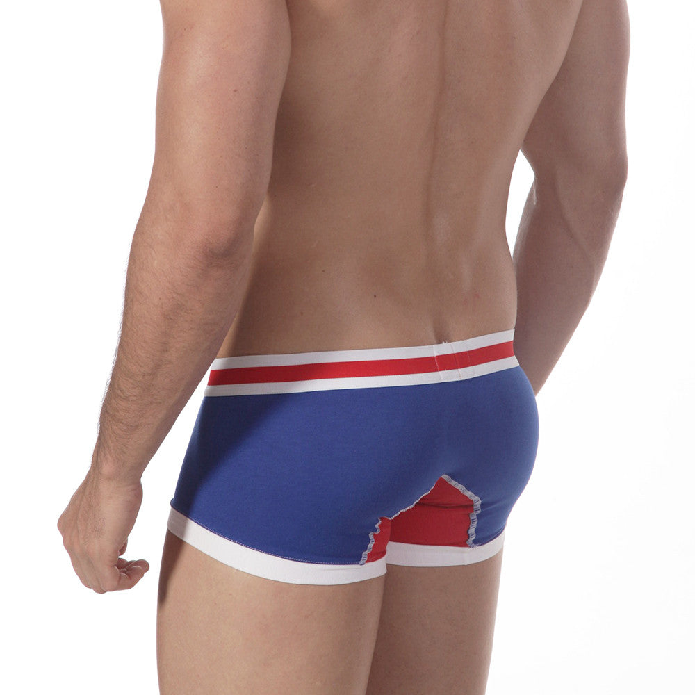 Blue men’s boxer briefs with red and white trim showing bold graphic design on the back metroMaleWear royal 7013-18