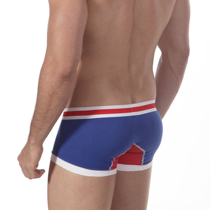 Blue men’s boxer briefs with red and white trim showing bold graphic design on the back metroMaleWear royal 7013-18