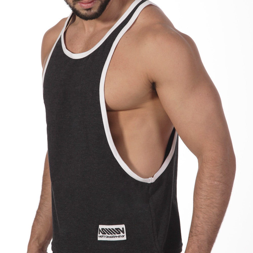 Back view of MetroMaleWear gym tank top charcoal with white trim and cutout back featuring aquan metrogalwear label