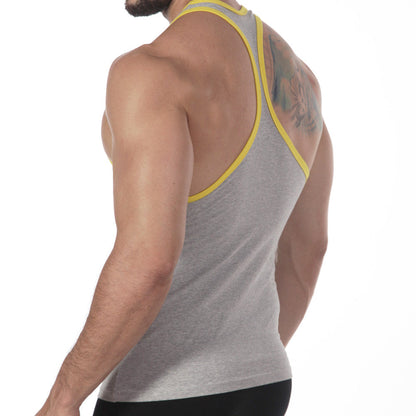 MetroMaleWear basic tank top grey 3127-10 is a gray athletic sleeveless shirt with yellow trim on neckline and armholes
