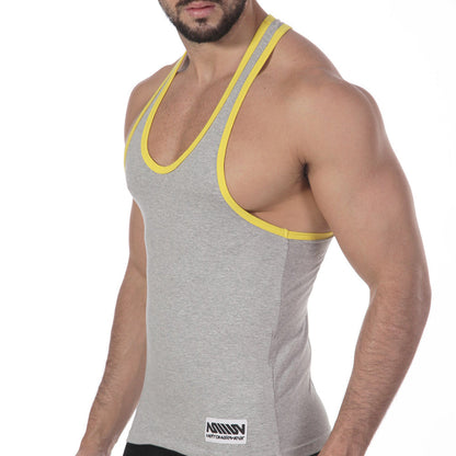 MetroMaleWear basic tank top grey with bright yellow trim gray heathered fabric sleeveless casual wear